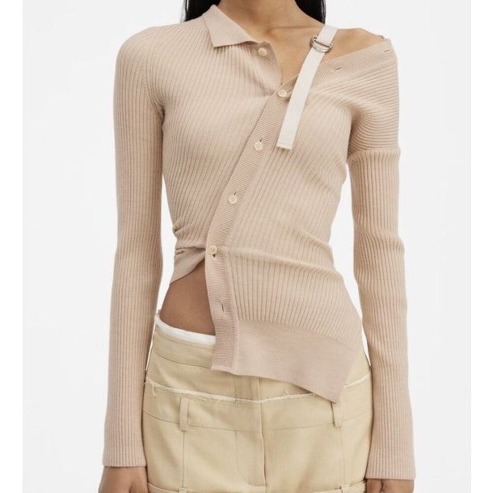 Jacquemus Asymmetric Ribbed Knit Cardigan with Strap in Beige Size 42 Wool Blend